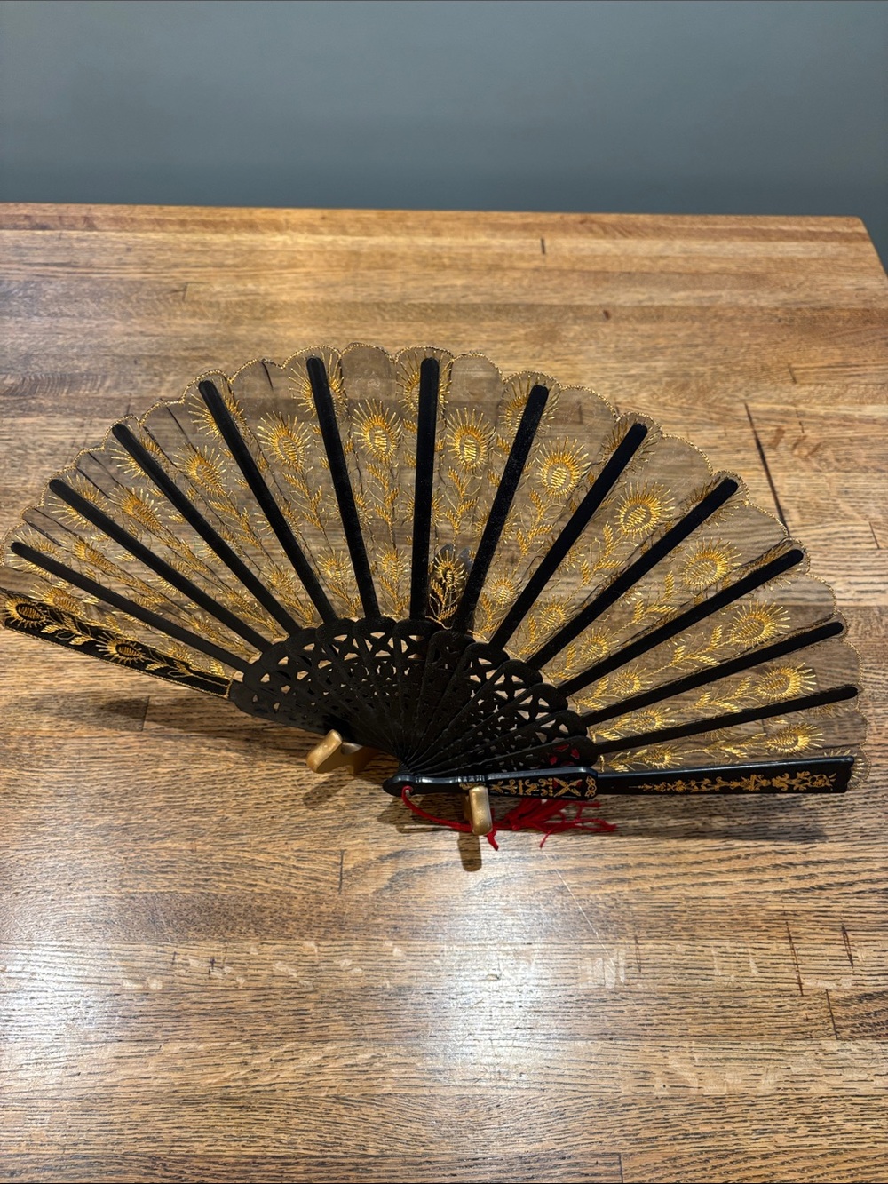 Elegant Black &Gold Peacock Embroidered Folding Fan. Like New. Costume?
